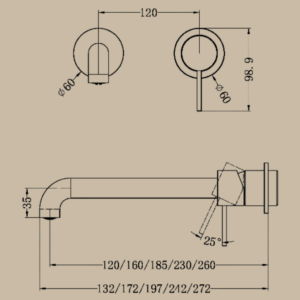 Mecca Wall Basin/Bath Mixer Separate Back Plate 120mm- Brushed Gold