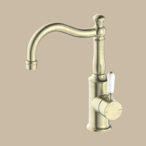 York Basin Mixer Hook Spout With White Porcelain Lever - Aged Brass