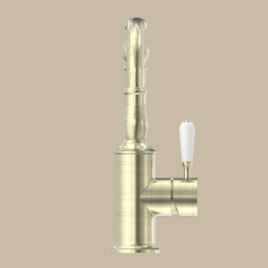 York Basin Mixer Hook Spout With White Porcelain Lever - Aged Brass