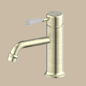 York Straight Basin Mixer With White Porcelain Lever - Aged Brass