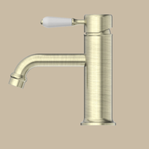 York Straight Basin Mixer With White Porcelain Lever - Aged Brass